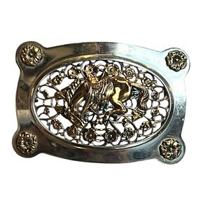 Vintage Nickel Silver Goldtone Western Belt Buckle Bucking Bronc Horse